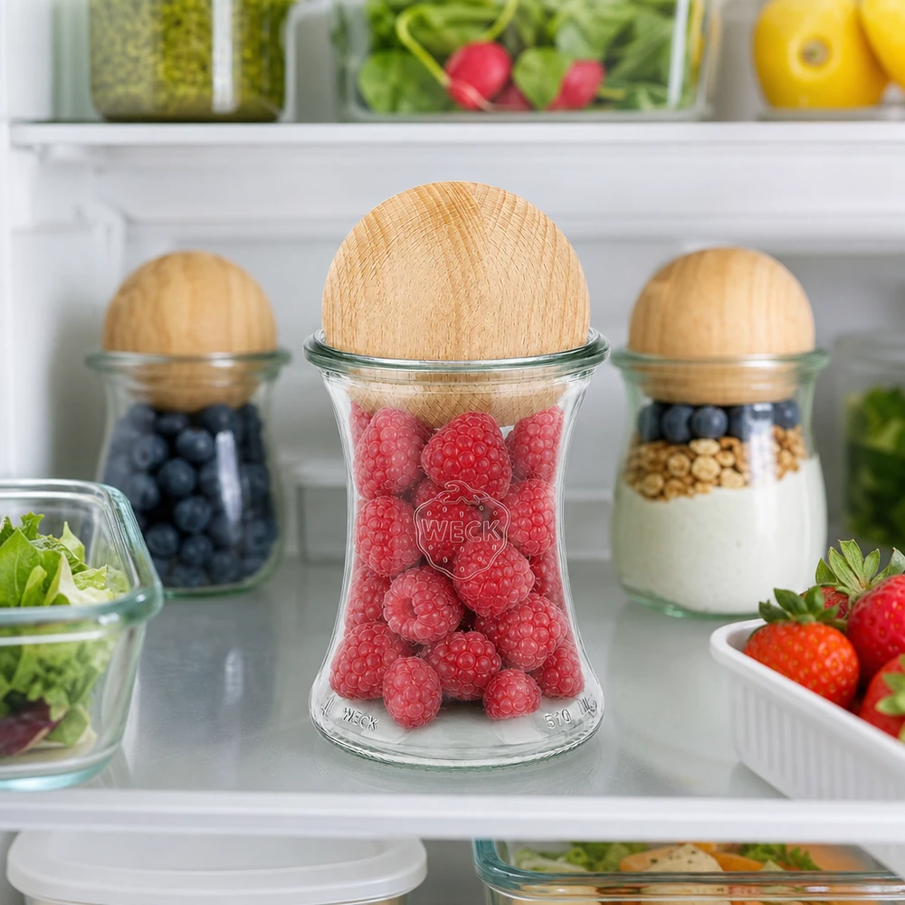 370ml Delikatessengl. WECK RR80 mit Holzkugel Buche WECK Glas 370ml RR80 Holzkugel Buche Kühlschrank Himbeeren frische Beeren Vorratsglas Aufbewahrung