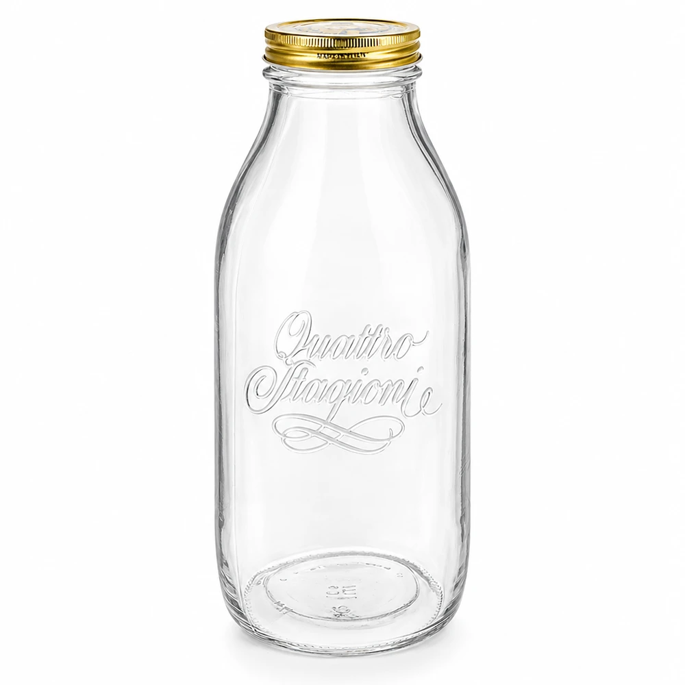1000ml Glasflasche "Quattro Stagioni" mit Deckel 1000ml Glasflasche Quattro Stagioni mit goldenem Schraubdeckel, transparent mit eleganter Schrift, Milchflasche Design
