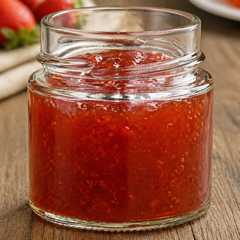 135ml Rundglas ohne Deckel (TO58deep) UNiTWIST Rundglas 135ml mit roter Marmelade gefüllt TO58 Deckel Einmachglas Konfitürenglas auf Holztisch