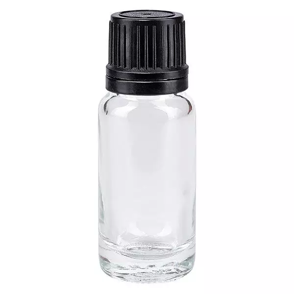 Apothekenflasche klar 10ml Tropfverschluss Giessring 1mm schwarz Originalitätsverschluss Apothekenflasche klar 10ml Tropfverschluss Giessring 1mm schwarz Originalitätsverschluss