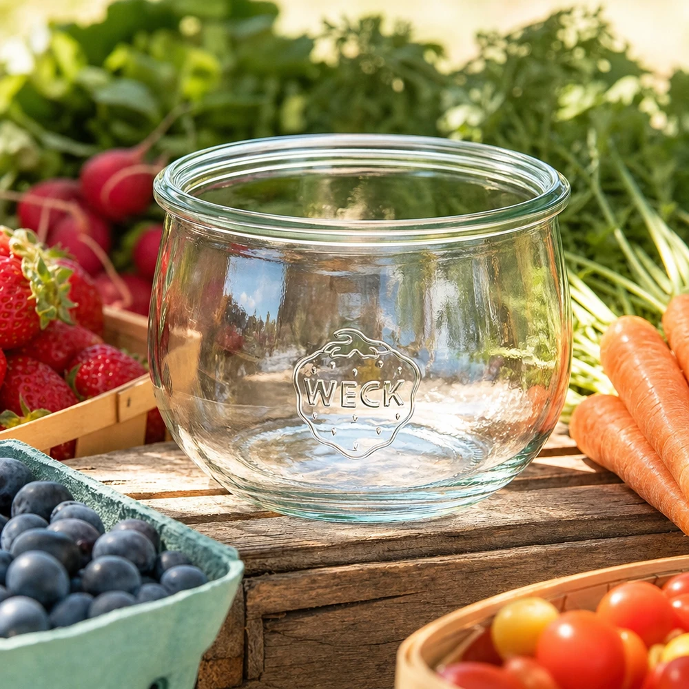 580ml Tulpenglas WECK RR100 WECK Tulpenglas 580ml RR100 Einmachglas aus Glas mit Logo umgeben von frischem Obst und Gemüse auf Holztisch