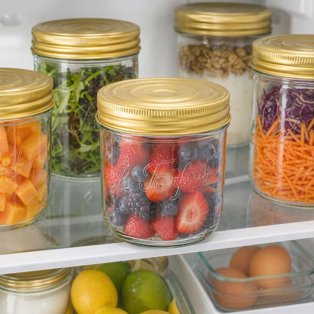 415ml Sturzglas Familia Wiss mit goldenem Deckel gefüllt mit Beeren im Kühlschrank neben anderen Vorratsgläsern