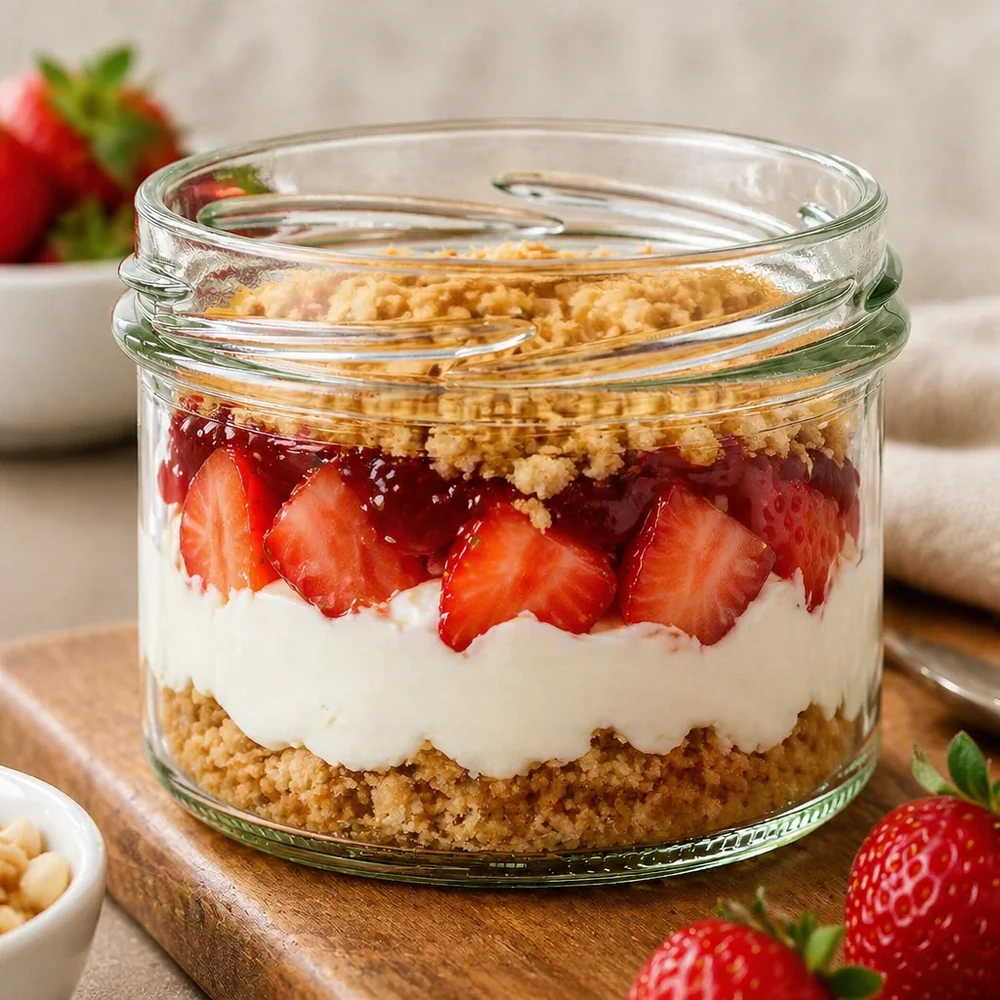 225ml Sturzglas ohne Deckel (TO82) UNiTWIST UNiTWIST Sturz225 Sturzglas 225ml TO82 mit Erdbeer-Dessert Schichtdessert Joghurt Keksboden im Glas