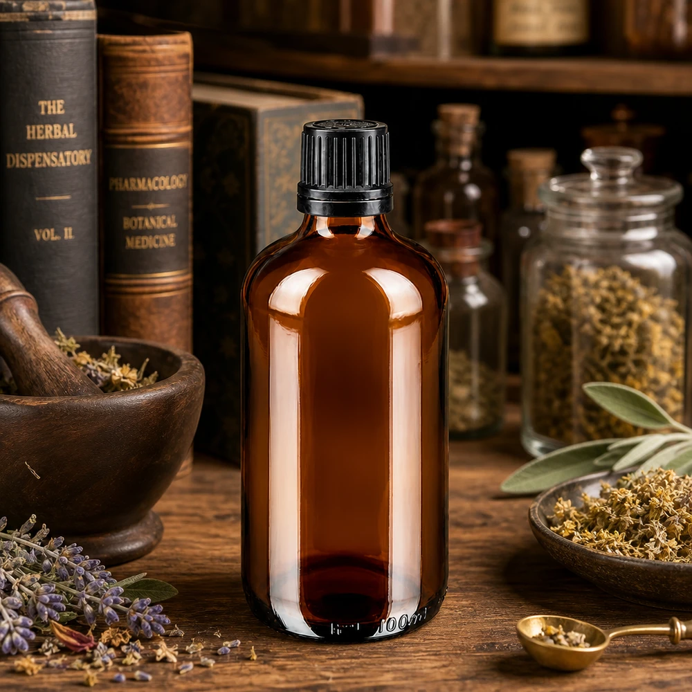 Apothekenflasche braun 100ml Schraubverschluss schwarz Giessring Originalitätsverschluss 100ml GR-Braunglasflasche mit gerilltem OV-Deckel umgeben von Lavendel Salbei und Trockenblüten