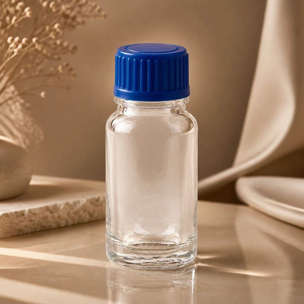 10ml Flasche 11mm Schraubverschluss blau Standard ClearLine UT18/10 Kompakte 10ml ClearLine Flasche UT18/10 mit blauem STD Schraubdeckel 11mm auf hellem Untergrund