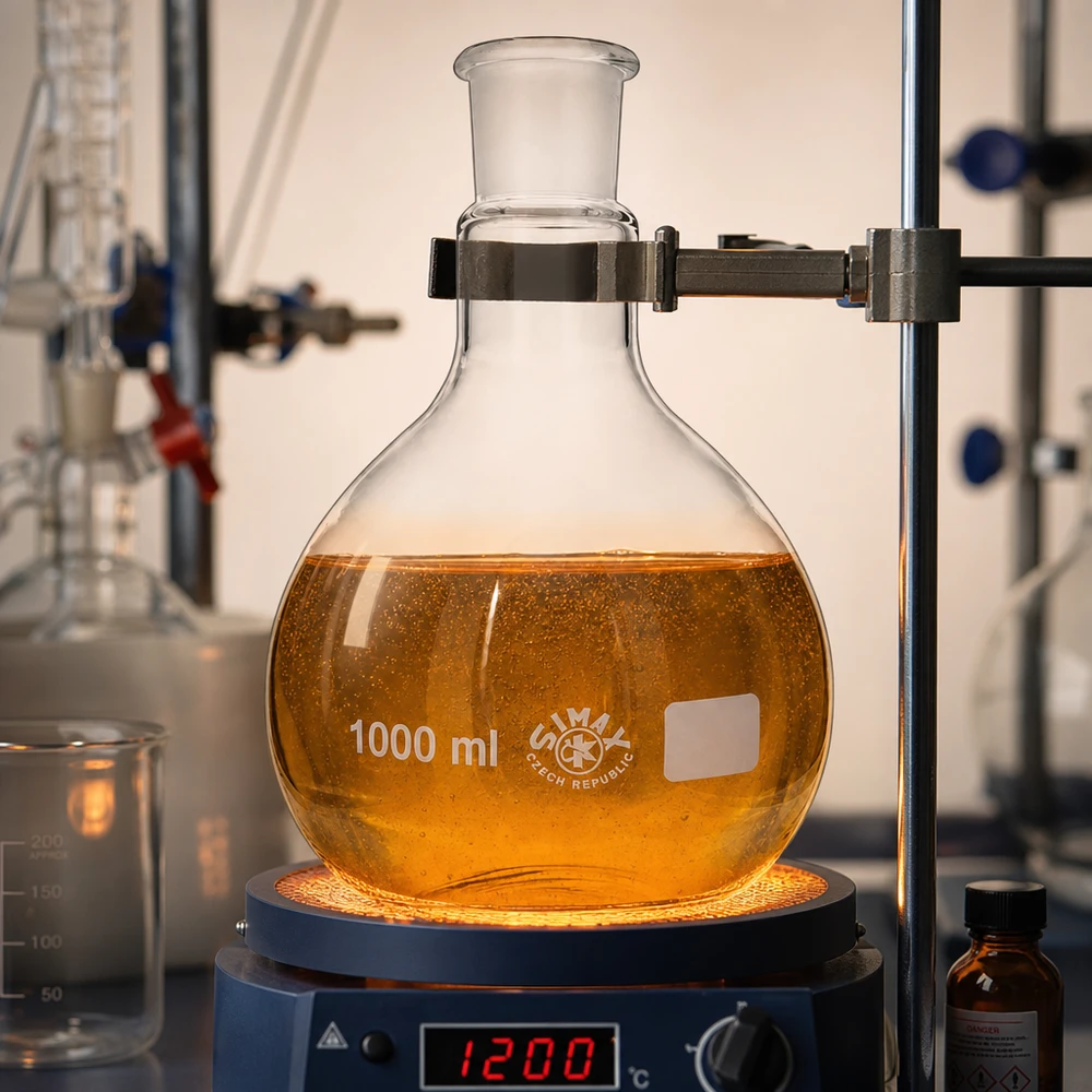 Laborstehkolben 1000ml mit warmem Reaktionsgemisch und stabilem Metallhalterungssystem