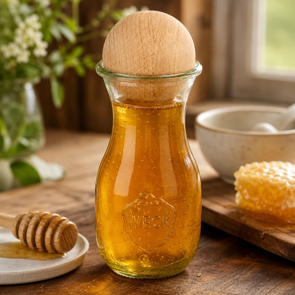 290ml Saftflasche WECK RR60 mit Holzkugel Buche WECK Saftflasche 290ml mit Honig gefüllt und Buche-Holzkugel, dekoriert mit Honigwabe und Honiglöffel