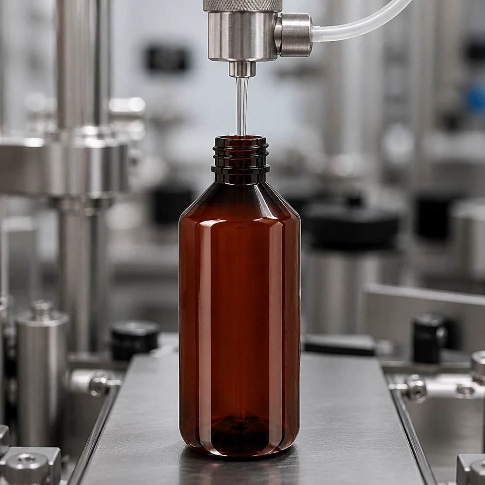 Präzisionsabfüllung einer braunen PET Flasche 1000ml mit grünem OV in Reinraumanlage