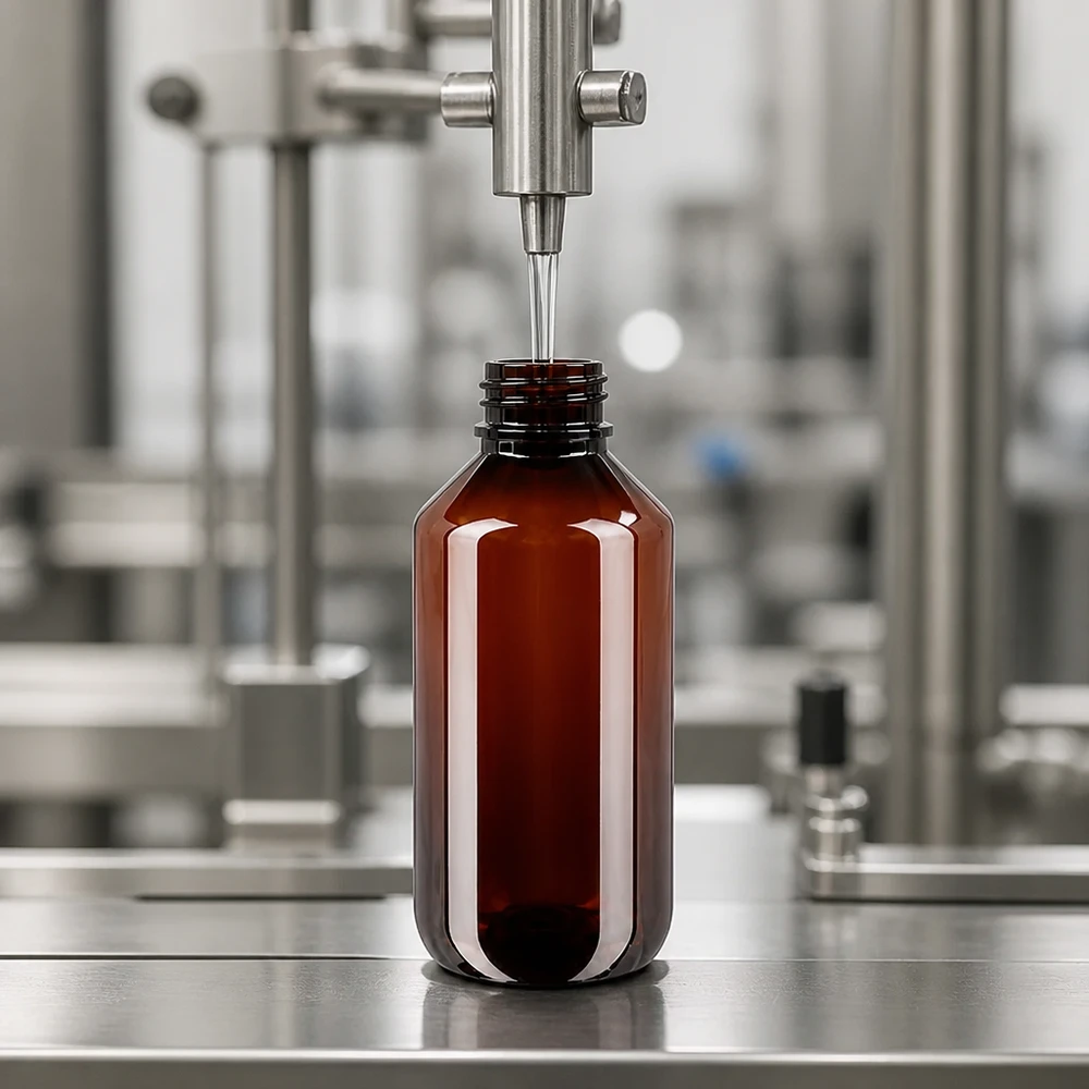 PET Flasche 200ml mit weißem Standard Originalitätsverschluss Braune 200ml PET Flasche mit weißem OV in automatisierter pharmazeutischer Fertigung