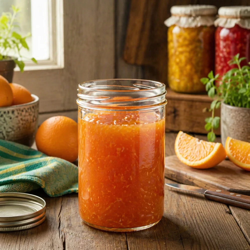 435ml Sturzglas ohne Deckel (TO82) UNiTWIST UNiTWIST Sturz435 Einmachglas 435ml gefüllt mit hausgemachter Orangenmarmelade in rustikaler Küche mit frischen Orangen
