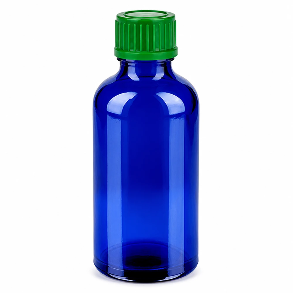 Hochwertige 50ml Glasflasche in Blau mit grünem 11mm Gewinde für präzise Dosierung