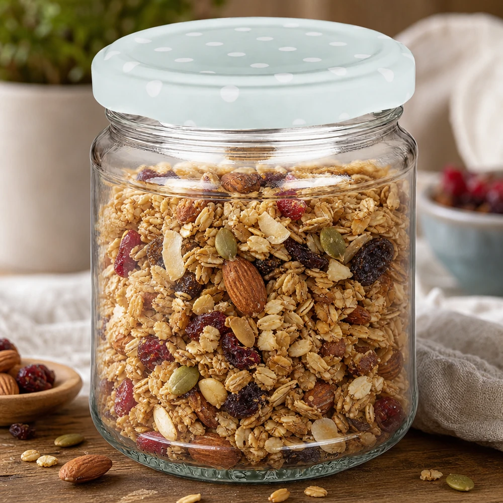 212ml Rundglas + BasicSeal Deckel Punkte mint UNiTWIST 212ml Rundglas mit Müsli gefüllt, mint BasicSeal Deckel Punkte, Vorratsglas für Granola mit Nüssen und Trockenfrüchten