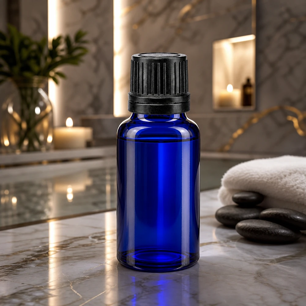 Rundes blaues UV-Schutzglas 20ml mit präzisem 1mm Einsatz und schwarzem Schraubverschluss frontal