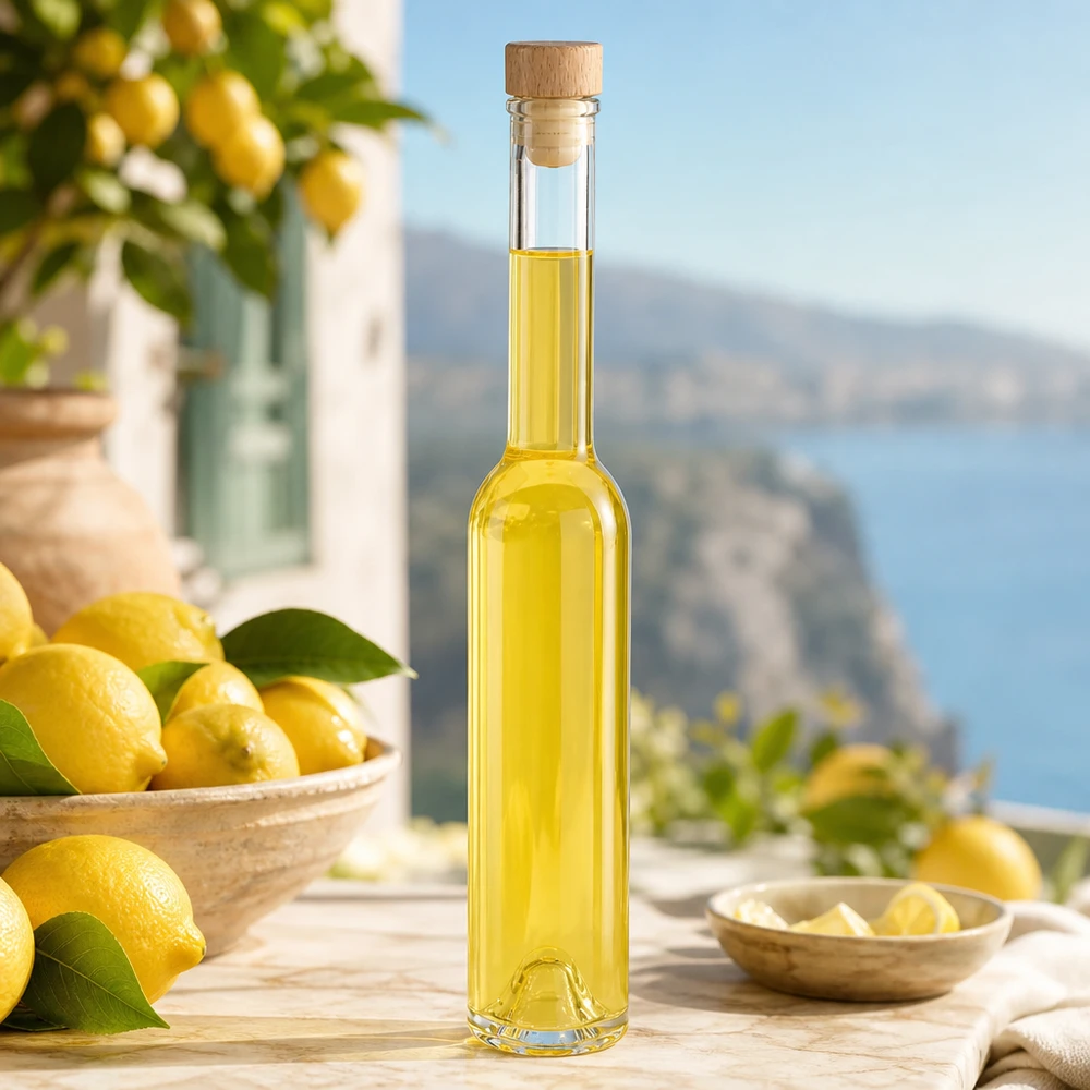 200ml Glasflasche "Hugo" mit Holzgriff-Korken UNiTWIST 200ml Glasflasche Hugo gefüllt mit gelbem Öl auf mediteraner Terrasse mit Zitronen - stilvolle Dekoflasche