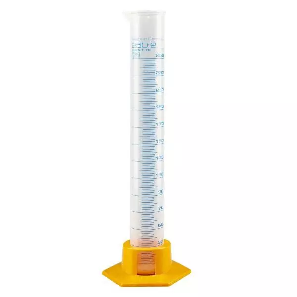 250ml Messzylinder Polypropylen, graduiert mit gelbem Fuss