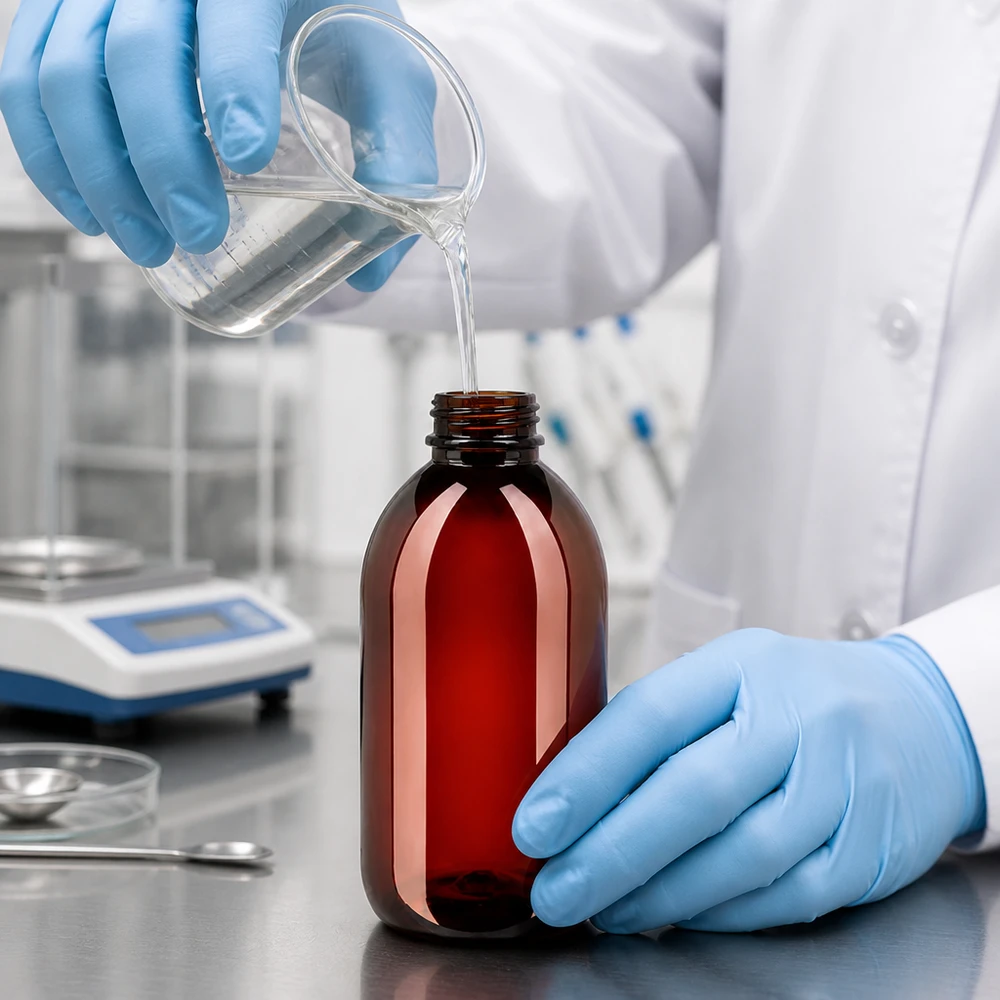 Braunglasoptik PET Flasche 250ml mit weißem OV beim professionellen Abfüllprozess im Labor