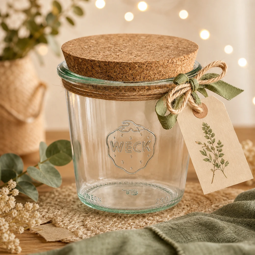 290ml Sturzglas hoch WECK RR80 mit Korken natur WECK Sturzglas 290ml RR80 dekorativ inszeniert mit Korkdeckel Geschenkanhänger und grünem Band auf Holztisch