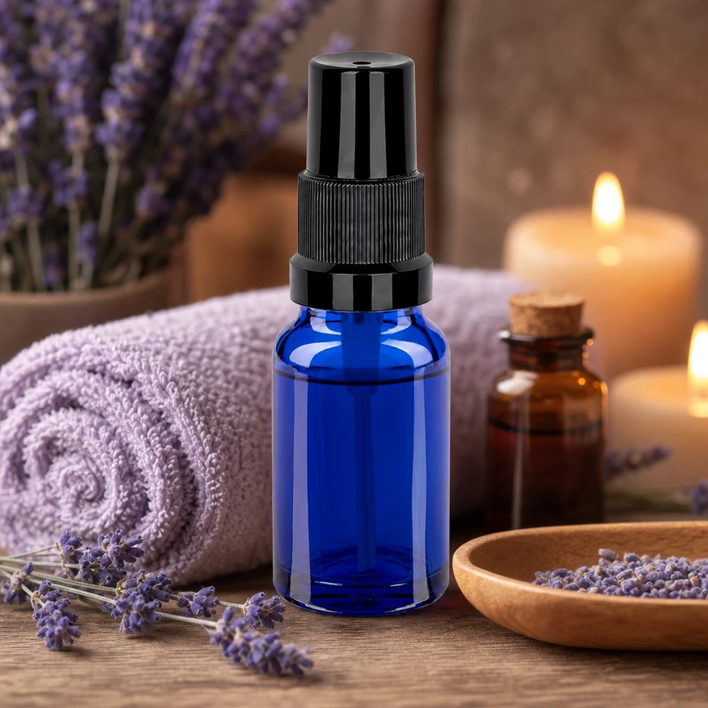 Professionelle 10ml Glassprayflasche STD BlueLine UT18/10 mit schwarzem Sprühaufsatz für Aromamischungen