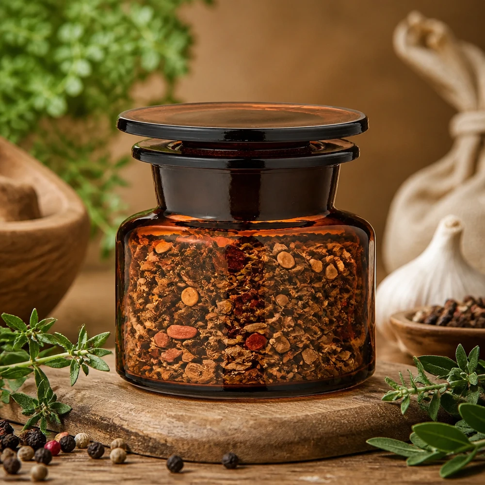 Kompaktes Gewürzglas 50ml Braunglas Weithals mit gemischten Paprika und Pfefferkörnern
