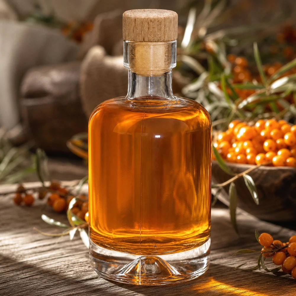 50ml Glasflasche Amelie mit Sanddornöl gefüllt zwischen orangefarbenen Sanddornbeeren natürlich dekoriert