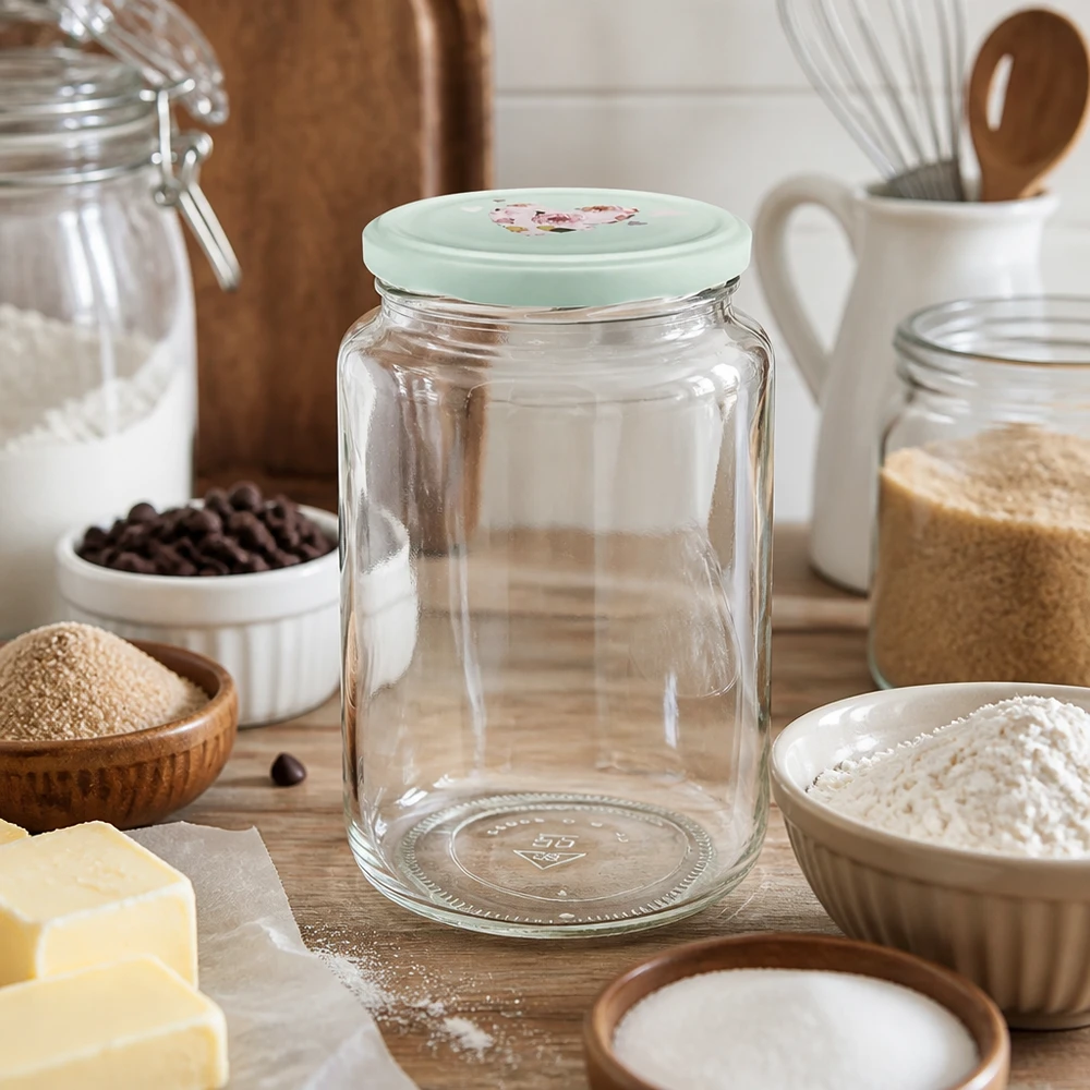 795ml Rundglas leer mit mint BasicSeal Herzdeckel zwischen Backzutaten Mehl Butter auf Holzbrett Küchenzubehör