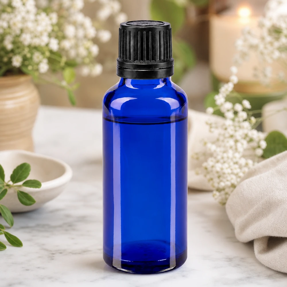Apothekenflasche blau 30ml Tropfverschluss Giessring 1mm schwarz Originalitätsverschluss Schlanke 30ml Tropfflasche aus lichtschützendem Blauglas mit schwarzem OV-Aufsatz