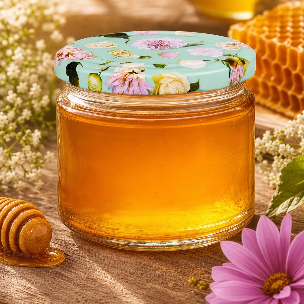 Honig im 330ml Rundglas mit BasicSeal Deckel Blume mint neben Wabe und Holzlöffel auf rustikalem Holztisch
