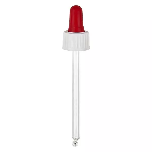 Glas-Tropfpipette weiß/rot 18mm PL85 Standard Glas-Tropfpipette weiß/rot 18mm PL85 Standard