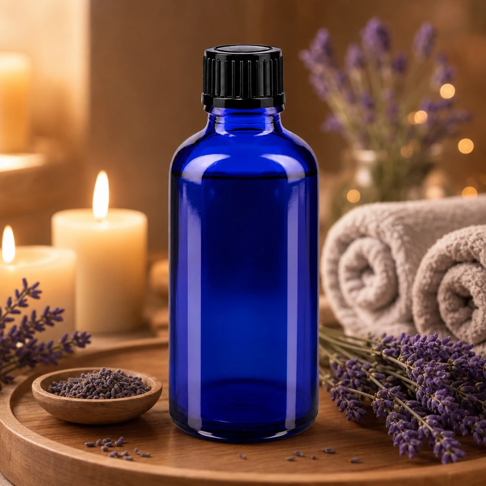 Dunkelblaue 50ml Glasflasche mit Tropfer für Aromatherapie und Naturkosmetik