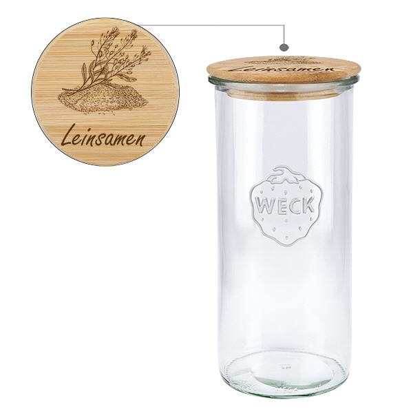 Holzdeckelset "Leinsamen" mit WECK Glas 1500ml Holzdeckelset "Leinsamen" mit WECK Glas 1500ml