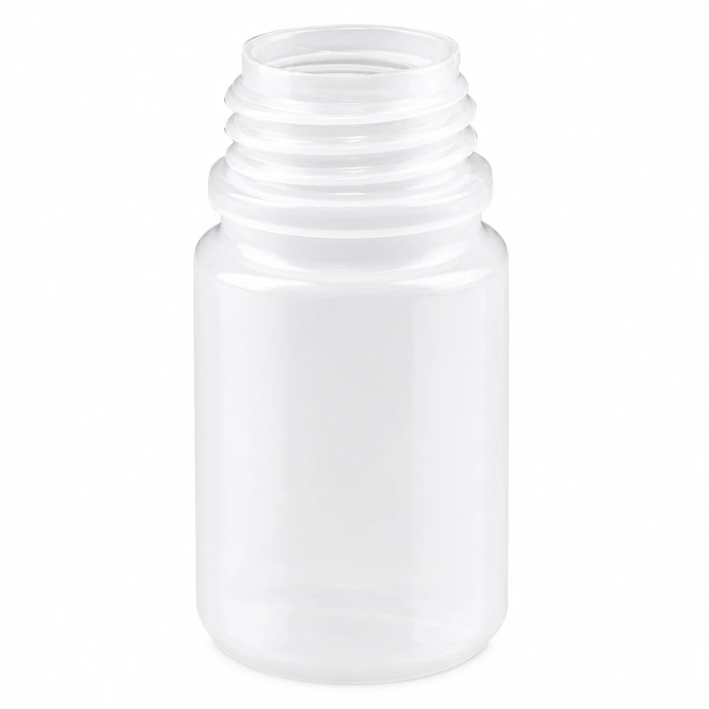 50ml Laborflasche Weithals ohne Verschluss Kompakte weiße 50ml Laborflasche mit breiter Öffnung und stabilem Kunststoffkörper
