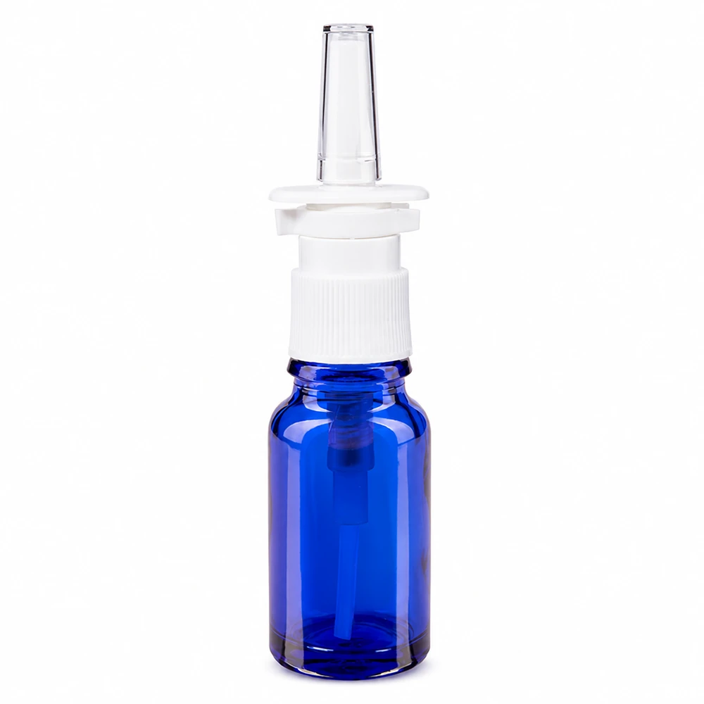 Kompakte Nasensprayflasche aus blauem Apothekenglas 10ml mit transparentem Aufsatz