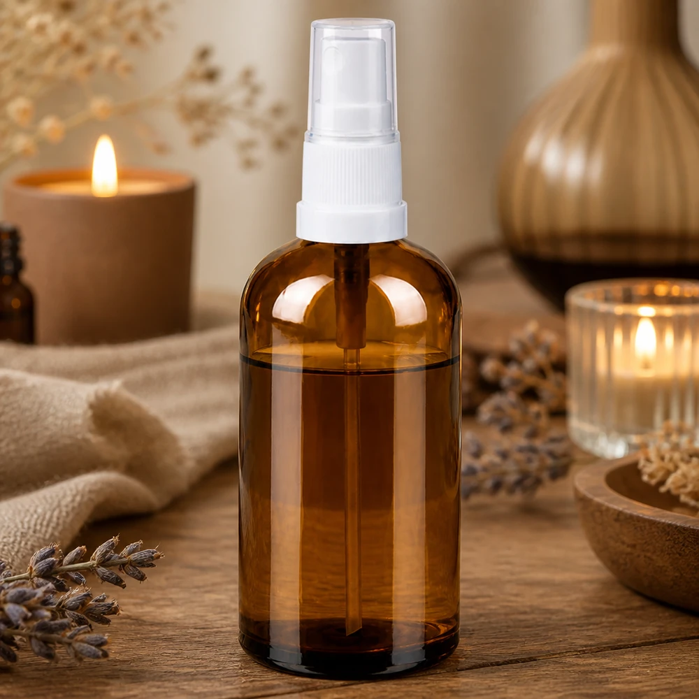 Nachhaltige 100ml Braunglasflasche mit wiederverwendbarem weißen Sprühverschluss für umweltbewusste Nutzer