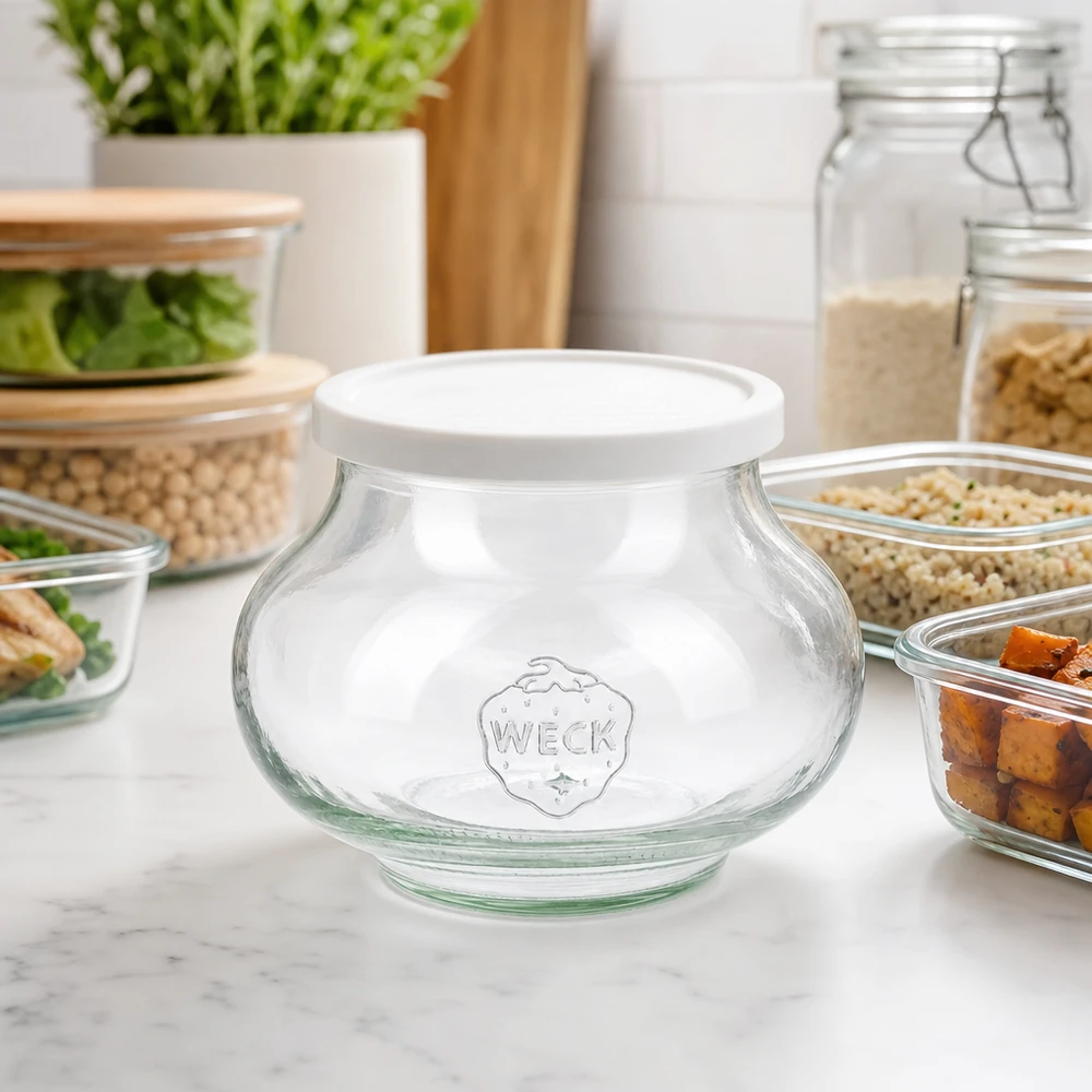 560ml Schmuckglas mit Frischedeckel WECK RR80 WECK Vorratsglas 560ml RR80 in moderner Küche zwischen Meal-Prep Behältern und Gewürzgläsern für stylische Aufbewahrung