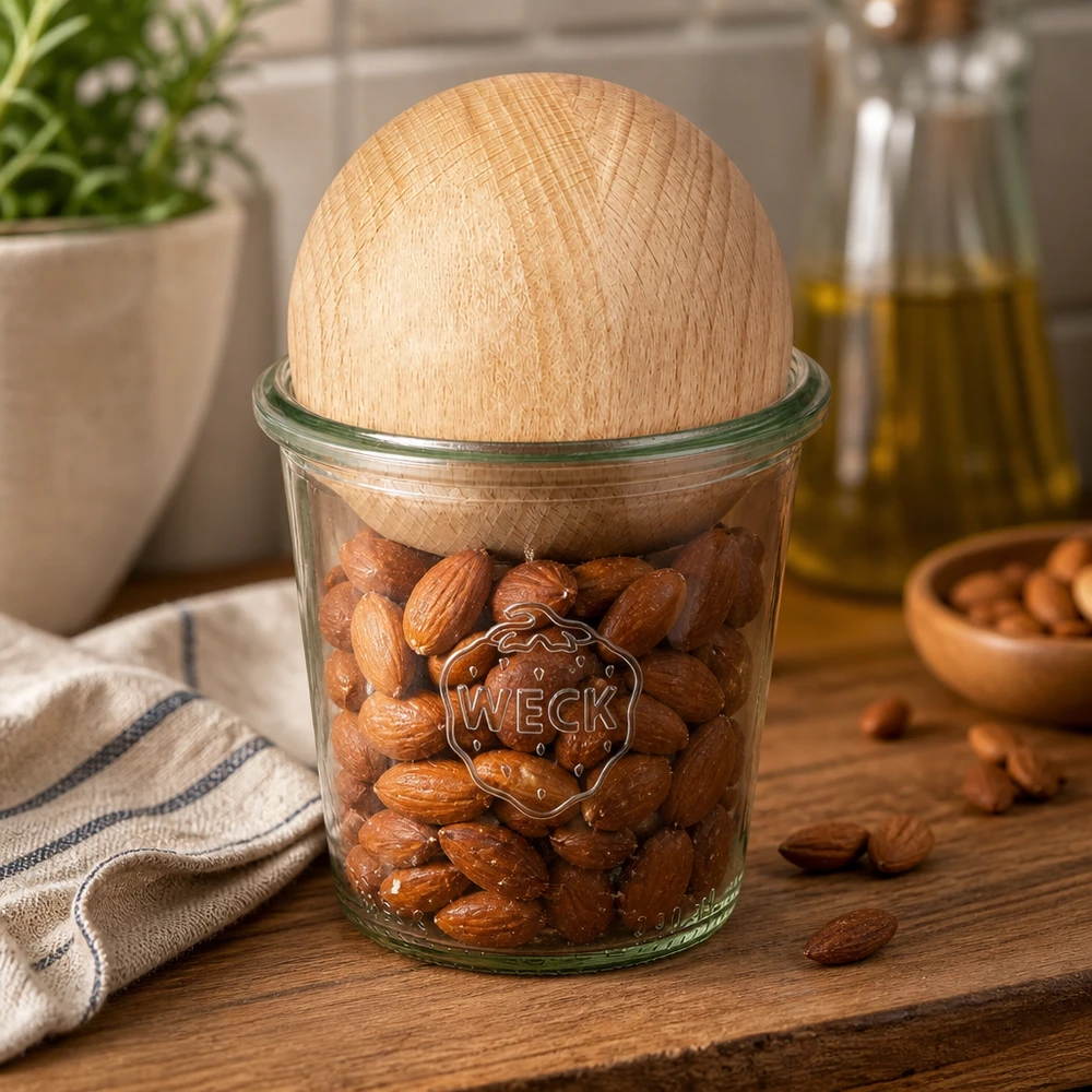290ml Sturzglas hoch WECK RR80 mit Holzkugel Buche WECK Sturzglas 290ml RR80 mit Mandeln gefüllt und Buchenkugel-Deckel auf Holzbrett in natürlicher Küchenumgebung