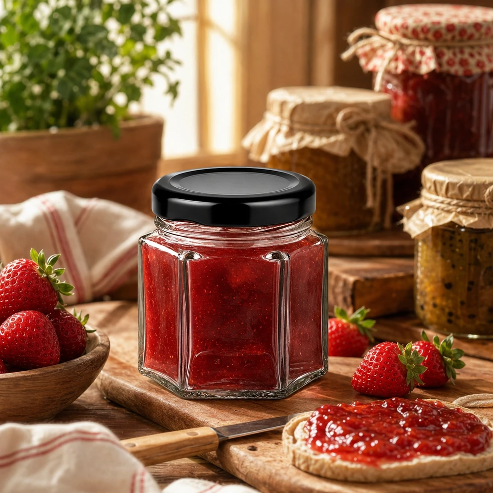 Hexaglas 47ml mit schwarzem Deckel gefüllt mit Erdbeermarmelade in rustikaler Küche mit frischen Erdbeeren