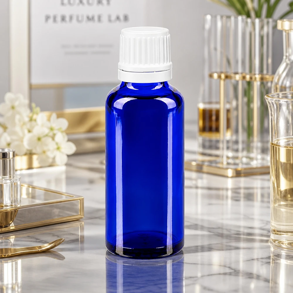 Kleine blaue Apothekerflasche 30ml mit OV weiss für Aromaöle und Duftstoffe im Laborumfeld