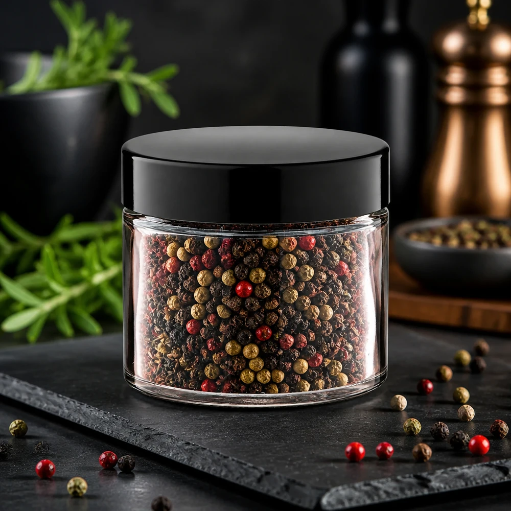 Hochwertiger Glastiegel 30ml mit buntem Pfeffermix und schwarzem Deckel in moderner Küchenszenerie
