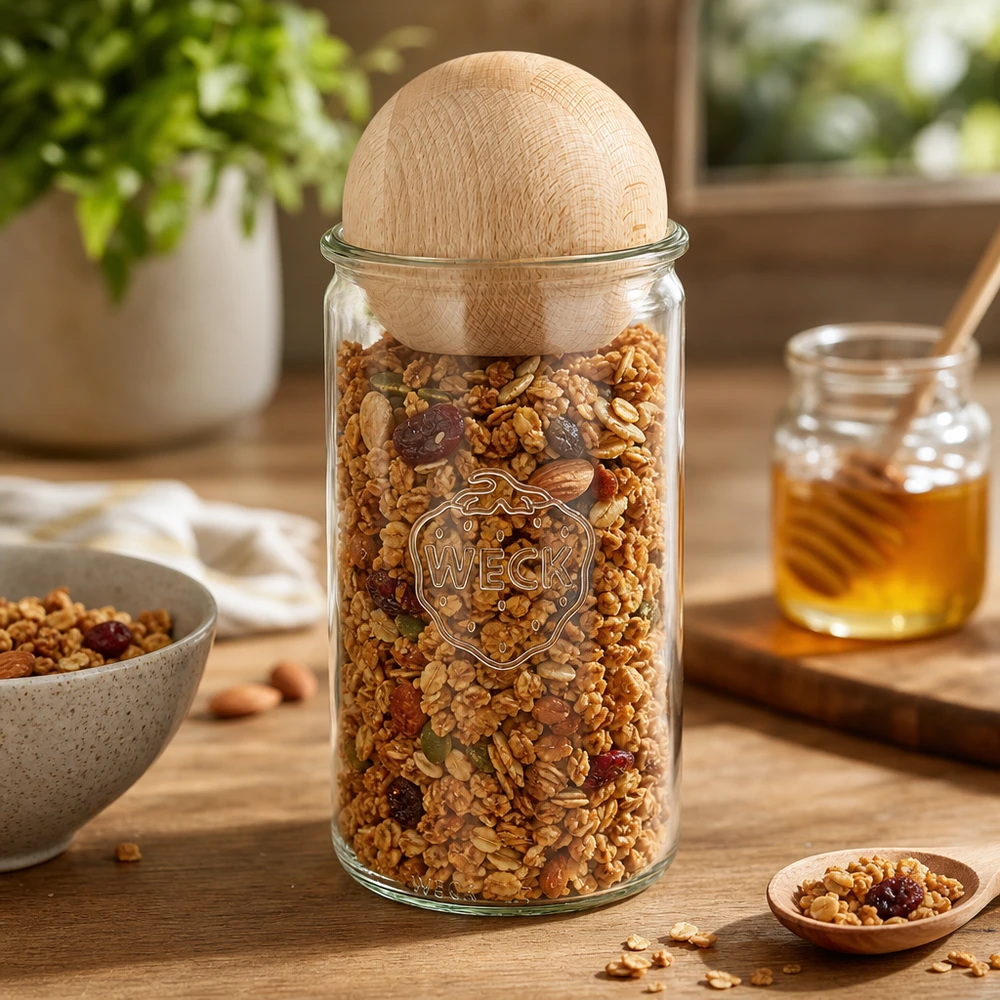 1590ml Zylinderglas WECK RR100 mit Holzkugel Buche WECK Vorratsglas 1590ml RR100 gefüllt mit Müsli und Nüssen zeigt praktische Küchennutzung mit Holzkugelverschluss