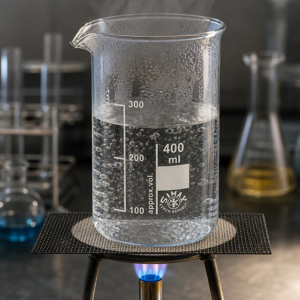Zylindrisches 400ml Becherglas aus Borosilikatglas beim Erhitzen im Chemielabor