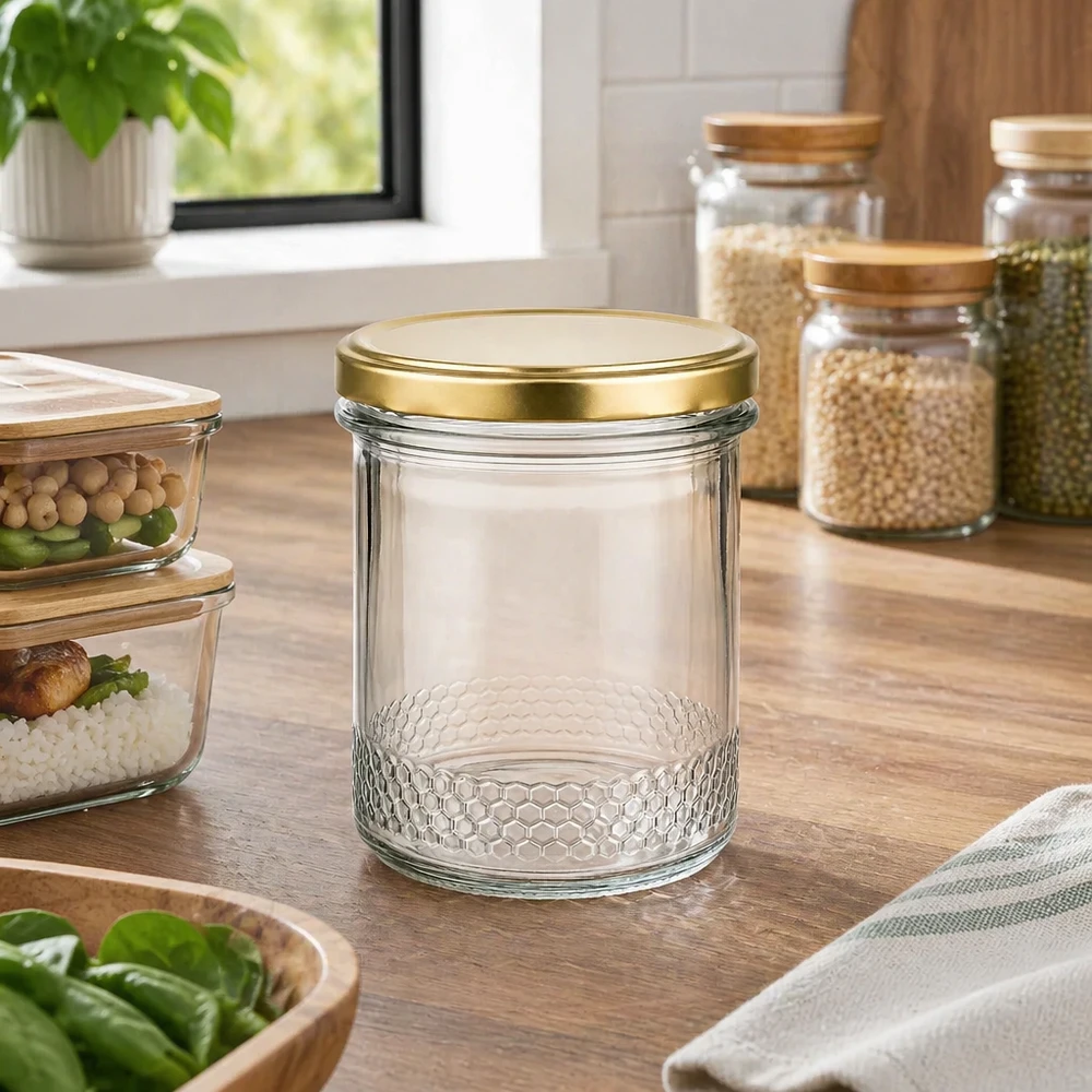 Leeres 400ml Honigglas mit goldenem BasicSeal UNiTWIST Deckel in moderner Küche zwischen Vorratsgläsern