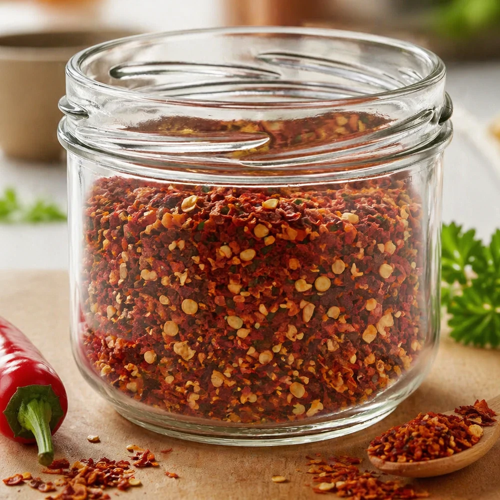 260ml Sturzglas ohne Deckel (TO82) UNiTWIST UNiTWIST Sturz260 Rundglas 260ml TO82 mit Chili-Gewürzmischung gefüllt auf Holzbrett mit Kräutern