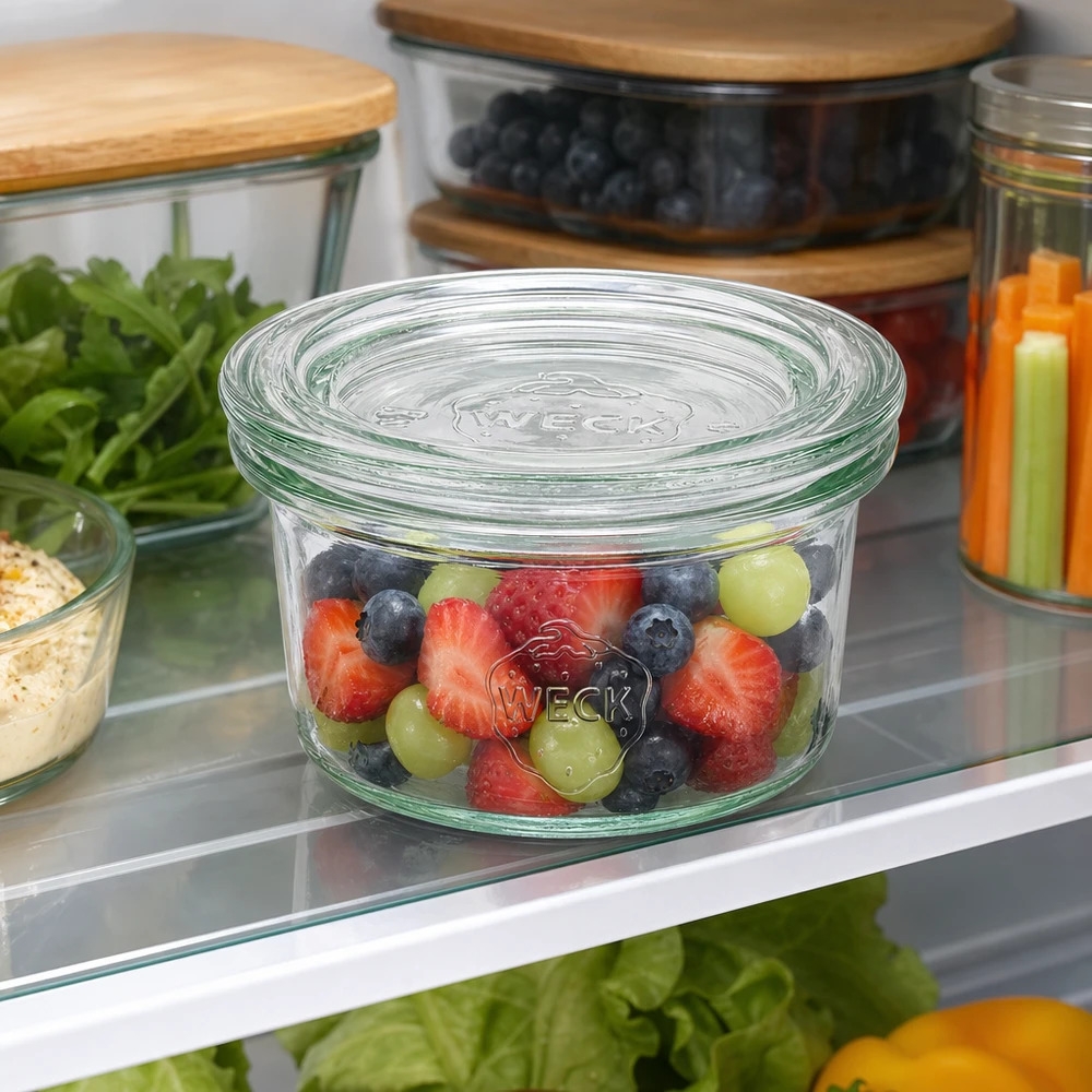 WECK Sturzglas 50ml mit Beerenmischung im Kühlschrank zur frischen Aufbewahrung von Obst und Lebensmitteln