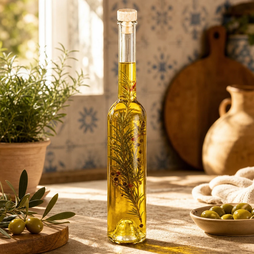 100ml Glasflasche "Hugo" mit Holzgriff-Korken UNiTWIST 100ml Glasflasche Hugo mit Kräuteröl gefüllt in mediterraner Küche mit Oliven Rosmarin und Terrakotta-Deko