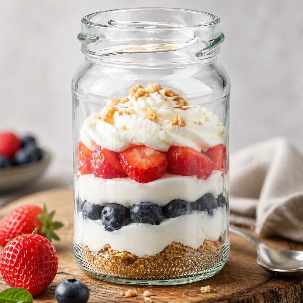 110ml Rundglas ohne Deckel (TO48) UNiTWIST UNiTWIST Runda110 Rundglas 110ml TO48 mit Schichtdessert aus Beeren Joghurt und Streuseln gefüllt auf Holztisch