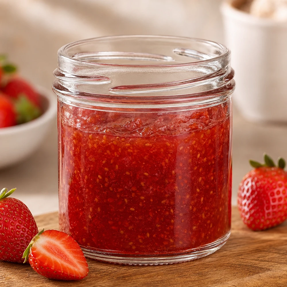 167ml Sturzglas ohne Deckel (TO66) UNiTWIST UNiTWIST Sturz167 Sturzglas 167ml TO66 mit Erdbeermarmelade gefüllt auf Holzbrett mit frischen Erdbeeren