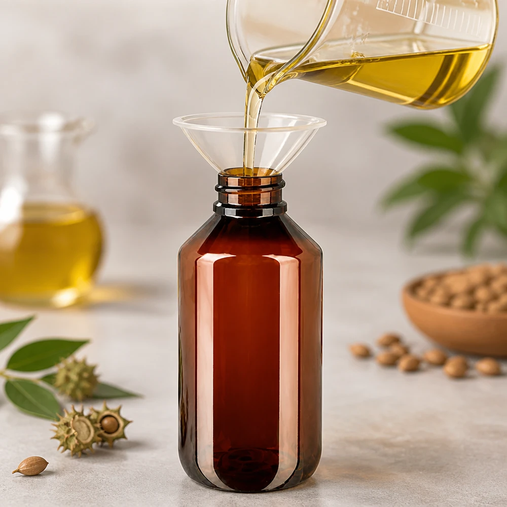 Abfüllung von Pflanzenöl in braune PET Flasche 200ml mit Originalitätsverschluss