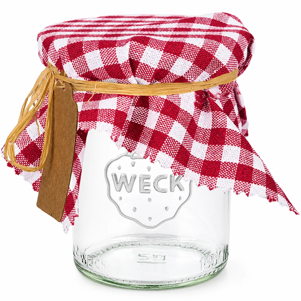 Stoff Schmuckdeckchen bordeaux-kariert 15cm eckig Weck-Einmachglas mit rot-weiß kariertem Stoffdeckchen und Raffiabast als Verschluss-Dekoration