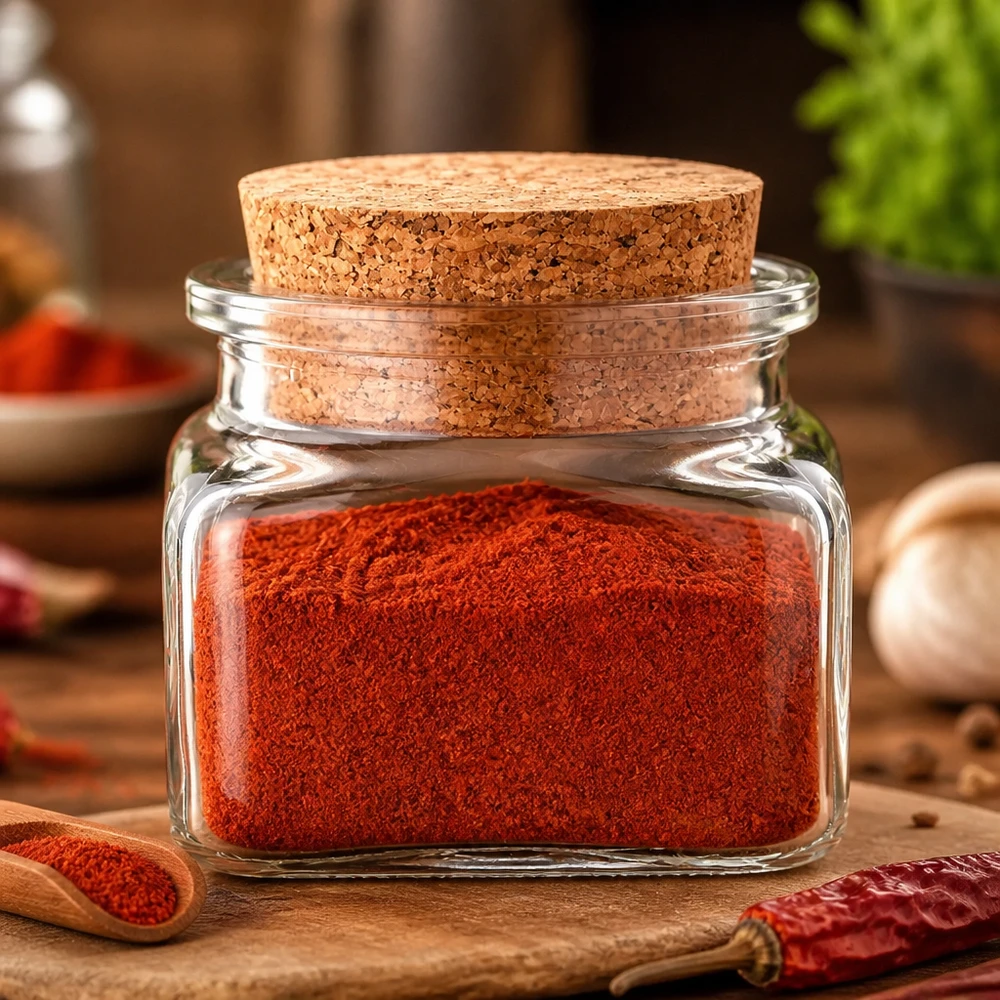 Quadratus Glasgefäß 120ml klares Glas Kork 38mm mit gemahlenem Paprika und getrockneten Chilis