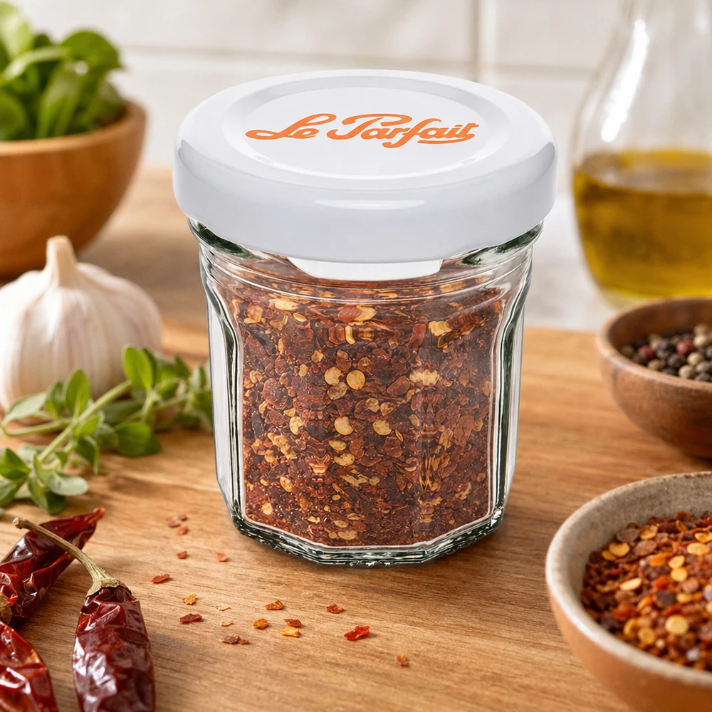 44ml Mini-Sturzglas "Jam" mit Schraubdeckel Le Parfait® Le Parfait Mini-Sturzglas 44ml mit Chili-Gewürzmischung gefüllt zwischen Kräutern und Gewürzen auf Holzuntergrund